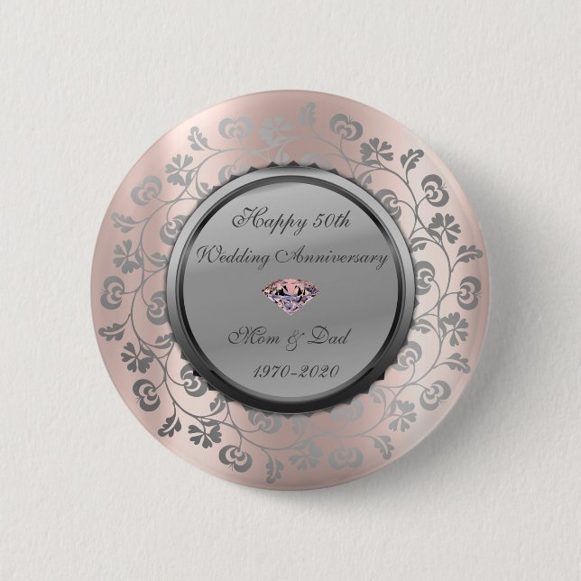 Bóton Redondo 5.08cm Rosa de Silver Floral Dourado 50º Aniversário de C (Frente)