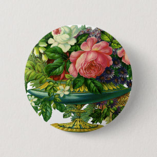 Bóton Redondo 5.08cm Rosas Cor-de-Rosa Florais Antigas, Vaso de Flores