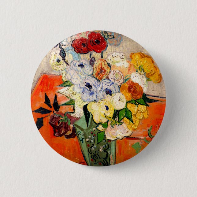 Bóton Redondo 5.08cm Rosas Van Gogh e Anemones (Frente)