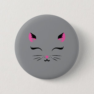 Bóton Redondo 5.08cm Rosto de Gato Cabeça Olhos Fechados Sorriso Fofo H