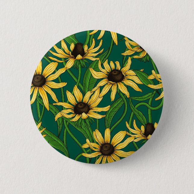 Bóton Redondo 5.08cm Rudbekia amarela em verde escuro (Frente)