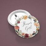 Bóton Redondo 5.08cm Rustic Bloom Flower Girl<br><div class="desc">Identify the key players at your bridal shower or rehearsal dinner with our elegant,  sweetly chic floral buttons. Button features a watercolor floral wreath of roses,  peonies and mums in rich autumn hues,  with "flower girl" inscribed inside in hand lettered script. Designed to match our Rustic Bloom collection.</div>