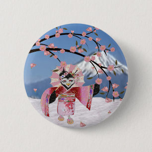Bóton Redondo 5.08cm Sakura Geisha Bird no Snow Cherry Blossoms