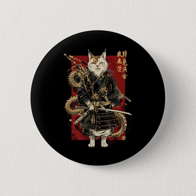 Bóton Redondo 5.08cm Samurai Cat Com Dragão Japonês Kanji (Frente)