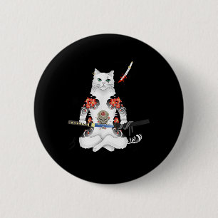 Bóton Redondo 5.08cm Samurai Cat Katana Ninja Yakuza Tattoo