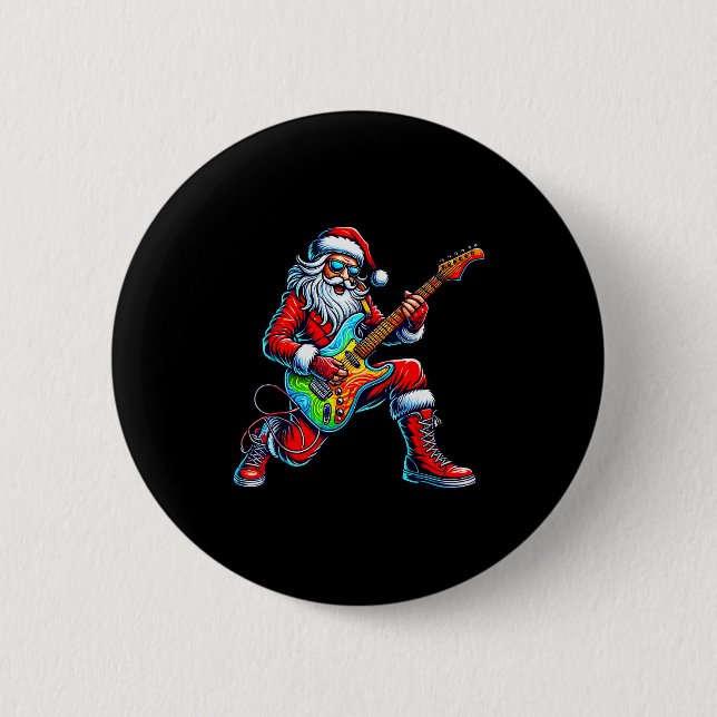 Bóton Redondo 5.08cm Santa Playing Guitar Musician Guitarist Christmas  (Frente)