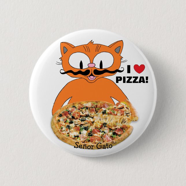 Bóton Redondo 5.08cm Senhor Gato Cartoon Mustache Cat I Love Pizza! (Frente)