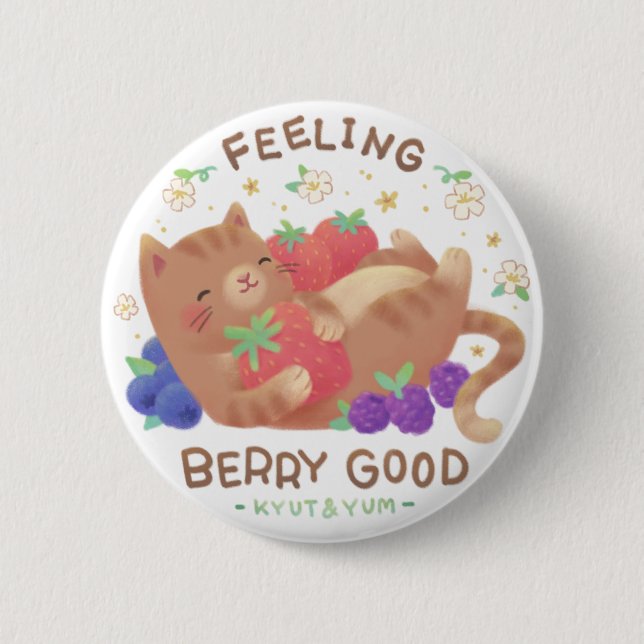 Bóton Redondo 5.08cm Sentindo-se Muito Bem: Gatinho Fofo com Frutas Ver (Frente)