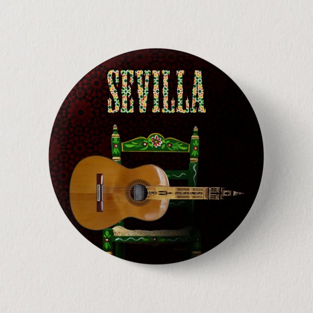 Bóton Redondo 5.08cm SEVILLA. Guitarra flamenca con Giralda de Sevilla. (Frente)