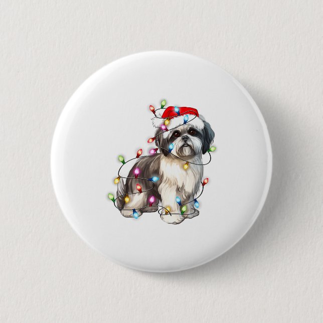 Bóton Redondo 5.08cm Shih Tzu Dog Christmas Lights Xmas Cute  (Frente)