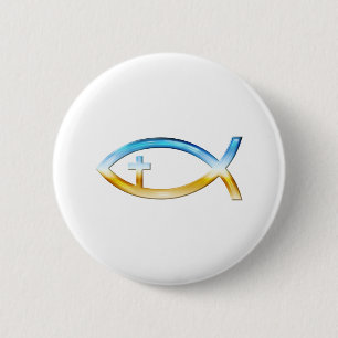 Bóton Redondo 5.08cm Símbolo de Peixe Cristão com Crucifixo - Céu e 