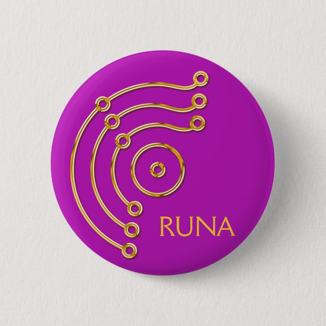 Bóton Redondo 5.08cm Símbolo RUNA / DOURADO, RUNA magenta (Frente)