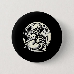 Bóton Redondo 5.08cm Skeleton Segurando Gato Malandro Halloween Gótico