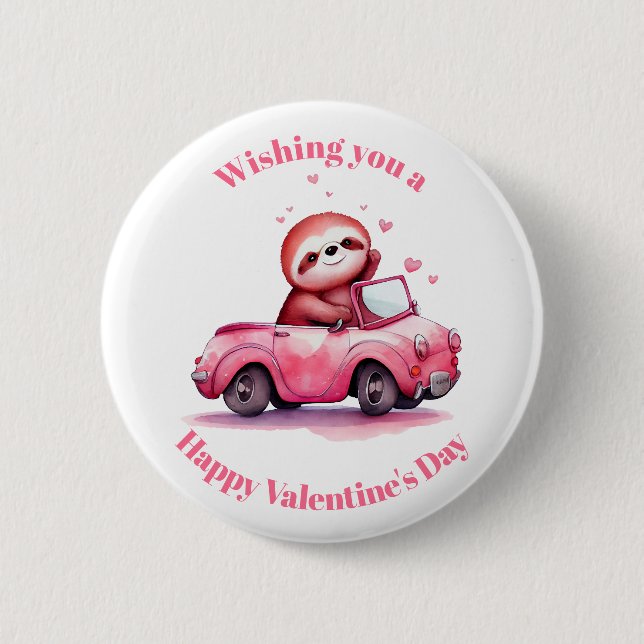 Bóton Redondo 5.08cm Sloth Driving a Pink Convertible Valentine's Day (Frente)