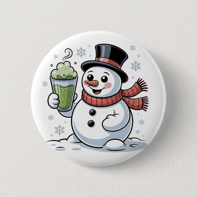Bóton Redondo 5.08cm Snowman Segurando Matcha Beba Natal (Frente)