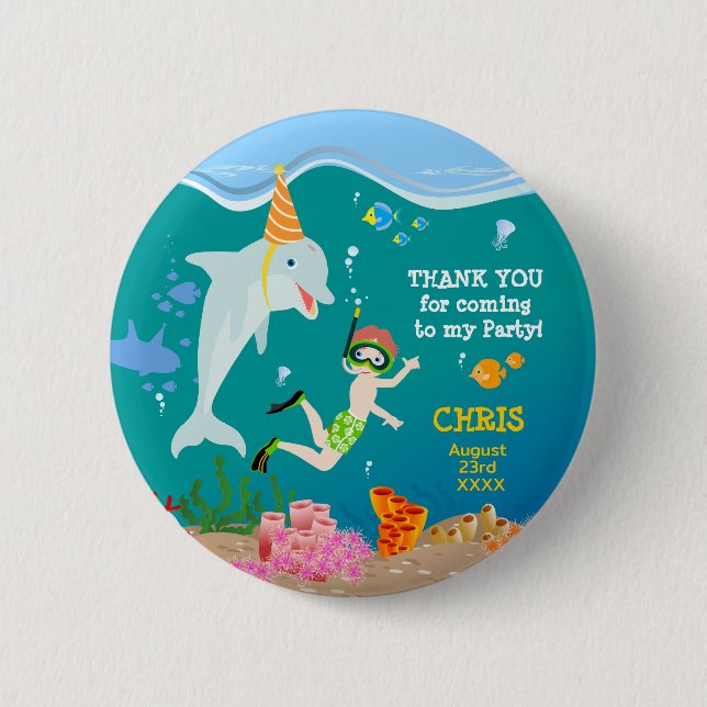 Bóton Redondo 5.08cm Sob o mar golfinhos e festas de aniversário de gar (Frente)