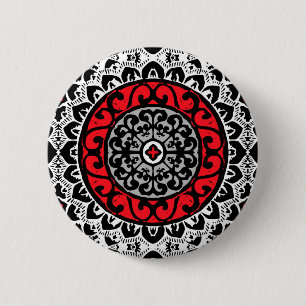 Bóton Redondo 5.08cm Sol do Sudoeste Mandala Batik, Vermelho, Preto e B