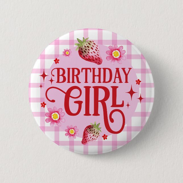 Bóton Redondo 5.08cm Strawberry e Pink Gingham Birthday Girl (Frente)