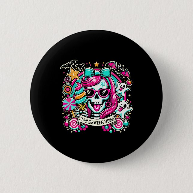 Bóton Redondo 5.08cm Summerween Vibes Skeleton Spooky Vacation Hallowee (Frente)