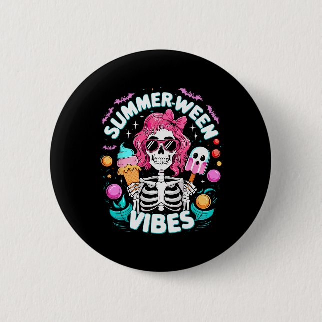 Bóton Redondo 5.08cm Summerween Vibes Skeleton Spooky Vacation Hallowee (Frente)