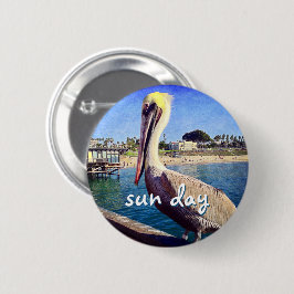 Bóton Redondo 5.08cm Sun Day Ocean Beach Pier Pelican Bird Fotografia C