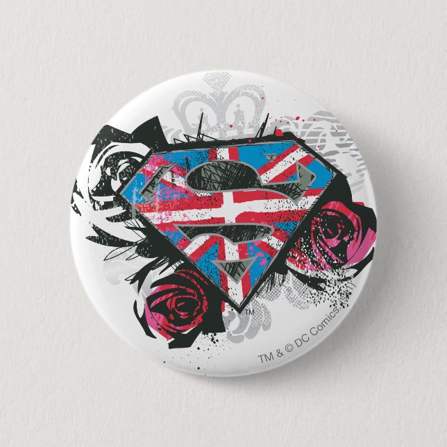 Bóton Redondo 5.08cm Supergirl British Flag e Rosas (Frente)