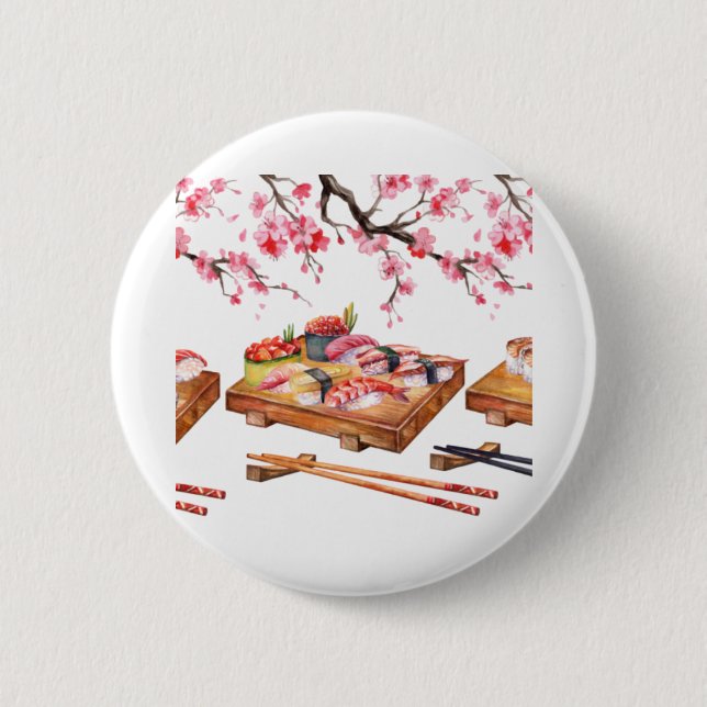 Bóton Redondo 5.08cm Sushi comida japonês e sakura florescente (Frente)