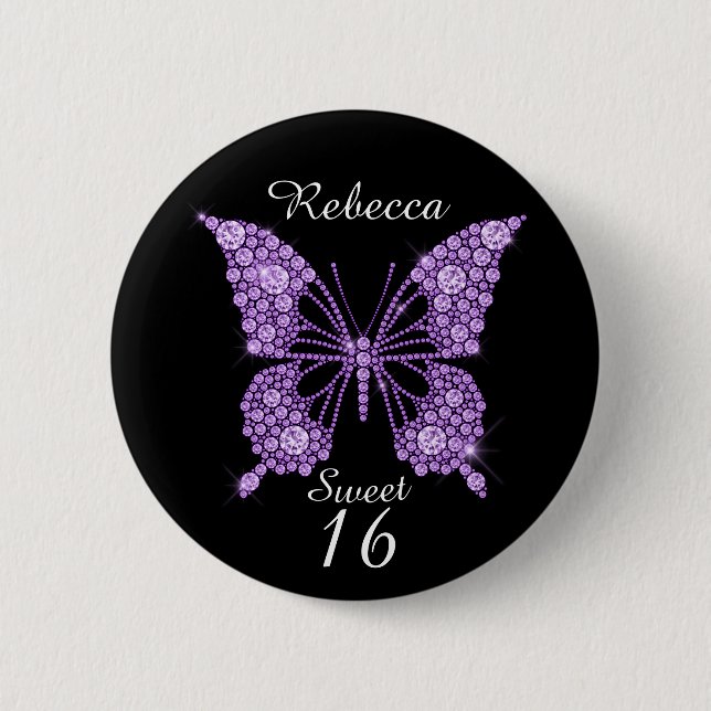 Bóton Redondo 5.08cm Sweet 16th Birthday Butterfly Personalizada (Frente)