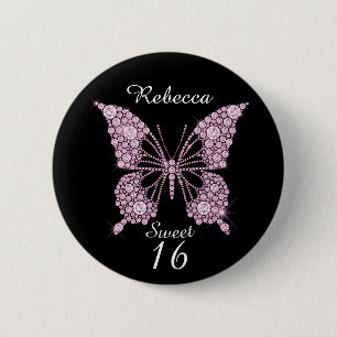 Bóton Redondo 5.08cm Sweet 16th Birthday Butterfly Personalizada