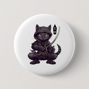Bóton Redondo 5.08cm Tatuagem de Gato Preto Samurai Japonês, Kawaii Nin