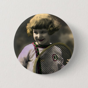 Bóton Redondo 5.08cm Tênis Esportivo Vintage, Garota Feliz com Raquete