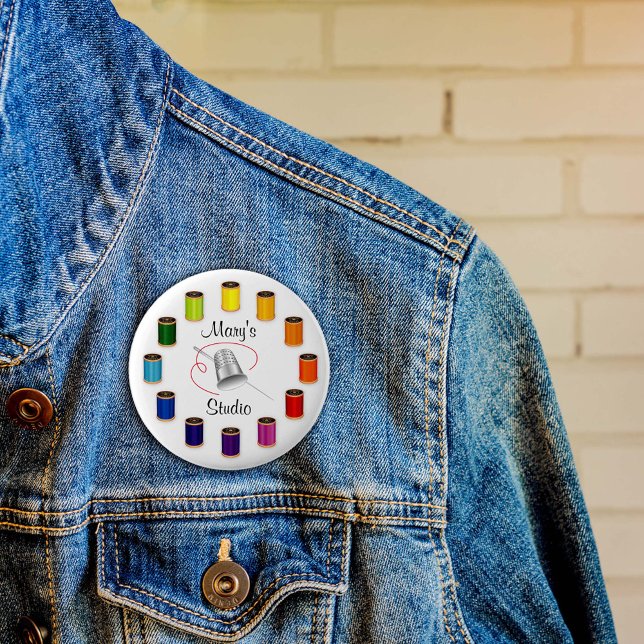 Bóton Redondo 5.08cm Threads, Agulhas e fios de costura (Custom Button for Sewing, Needle and Threads Artists!)