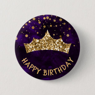 Bóton Redondo 5.08cm Tiaro de ouro com bokeh dourado & Aniversário Roxo