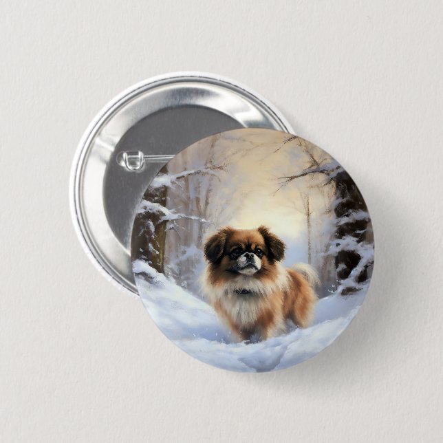 Bóton Redondo 5.08cm Tibetan Spaniel Deixe Nevar Natal  (Frente & Verso)
