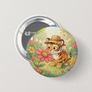 Bóton Redondo 5.08cm Tigre jovem fofo com chapéu no jardim