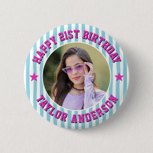 Bóton Redondo 5.08cm Tira de Foto Personalizada Padrão Feliz Aniversári