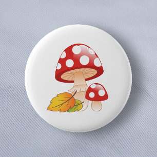Bóton Redondo 5.08cm Toadstool Boné Vermelho Cogumelos e Folhas
