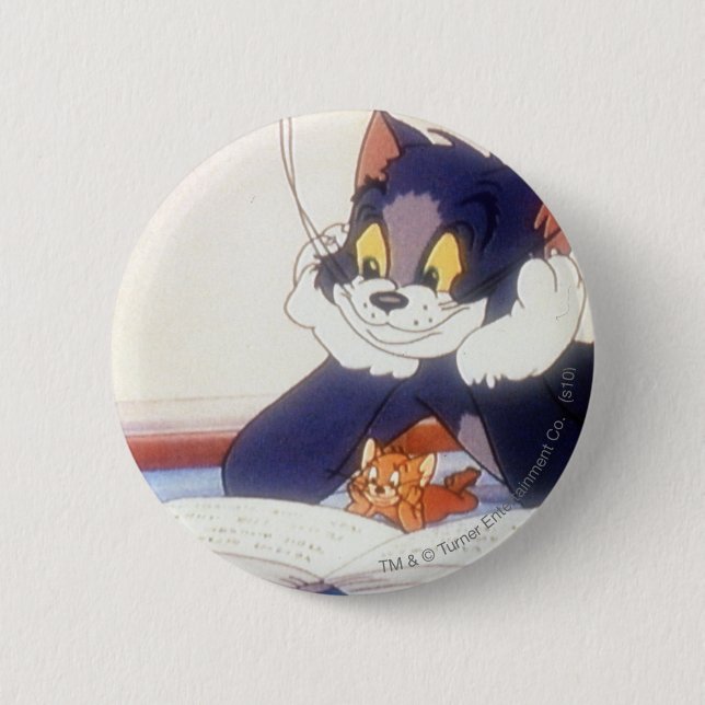 Bóton Redondo 5.08cm Tom e Jerry leram um livro (Frente)