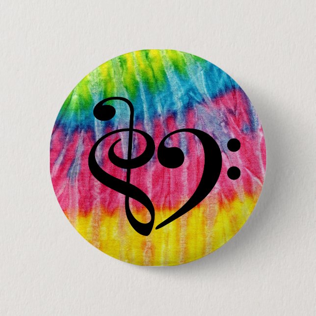 Bóton Redondo 5.08cm Treble Clef Bass Clef Heart Retro Hippie Tie-Dye (Frente)