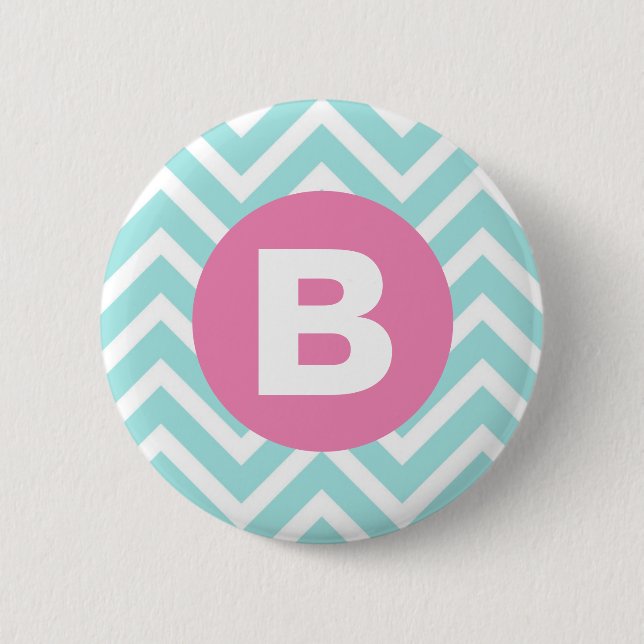 Bóton Redondo 5.08cm Trendy Light Blue Chevron Pink Monogram (Frente)
