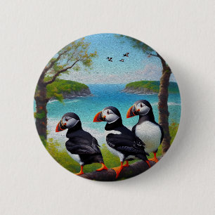 Bóton Redondo 5.08cm Trio Costeiro: Três Puffins na Praia em Óleos