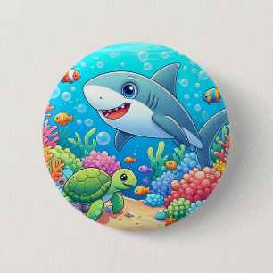 Bóton Redondo 5.08cm Tubarão e tartaruga submarinos coloridos tropicais