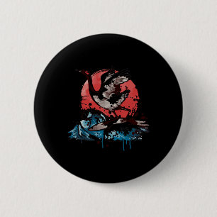 Bóton Redondo 5.08cm Ukiyoe Grou Vermelho Coroado Surfando Grande Onda 