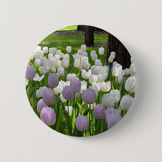 Bóton Redondo 5.08cm Um broche com lindas flores brancas e roxas. (Frente)