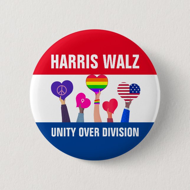Bóton Redondo 5.08cm Unity Over Division Harris Walz Tim Walz Red Blue (Frente)