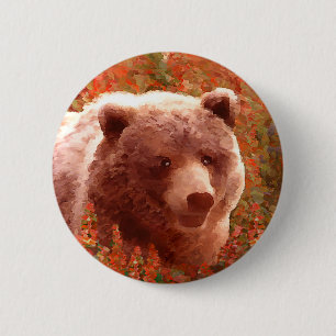 Bóton Redondo 5.08cm Urso Grizzly na Pintura de Arte Selvagem com Algas