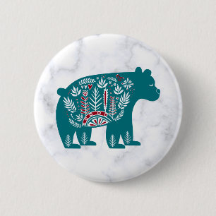 Bóton Redondo 5.08cm Urso Nórdico Feriado Vintage Azul em Pinback Marb