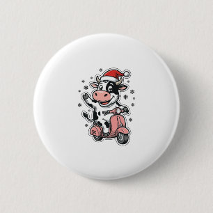 Bóton Redondo 5.08cm Vaca de Natal Andando de Scooter Rosa Vetor Vintag