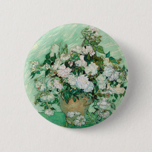 Bóton Redondo 5.08cm Van Gogh Vase com Rosas Rosa Vintage Arte Floral
