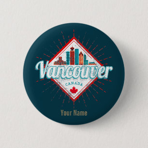 Bóton Redondo 5.08cm Vancouver Skyline British Columbia Retro Canadá